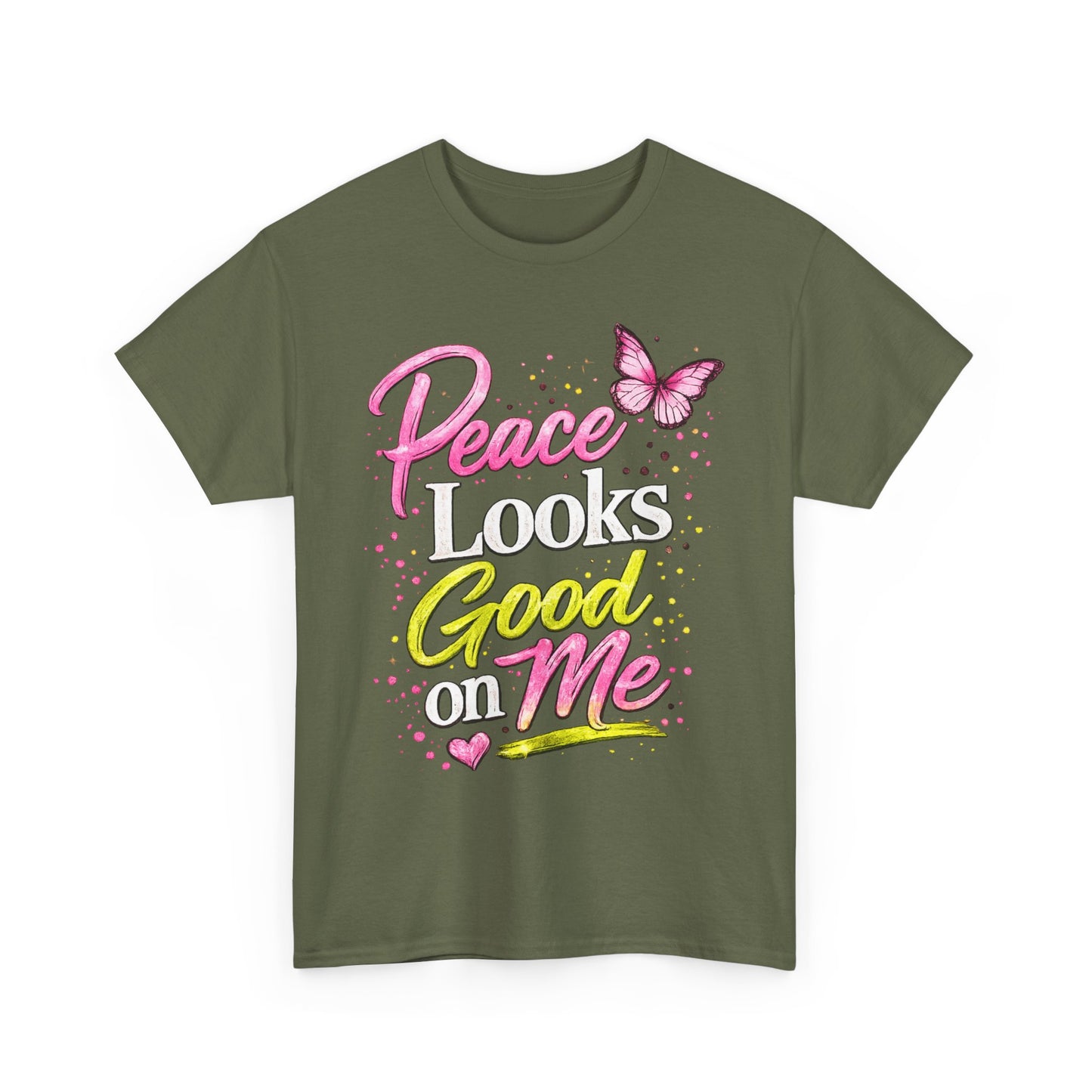 Peace Looks Good on Me T-Shirt – Pink Butterfly Positive Message Tee
