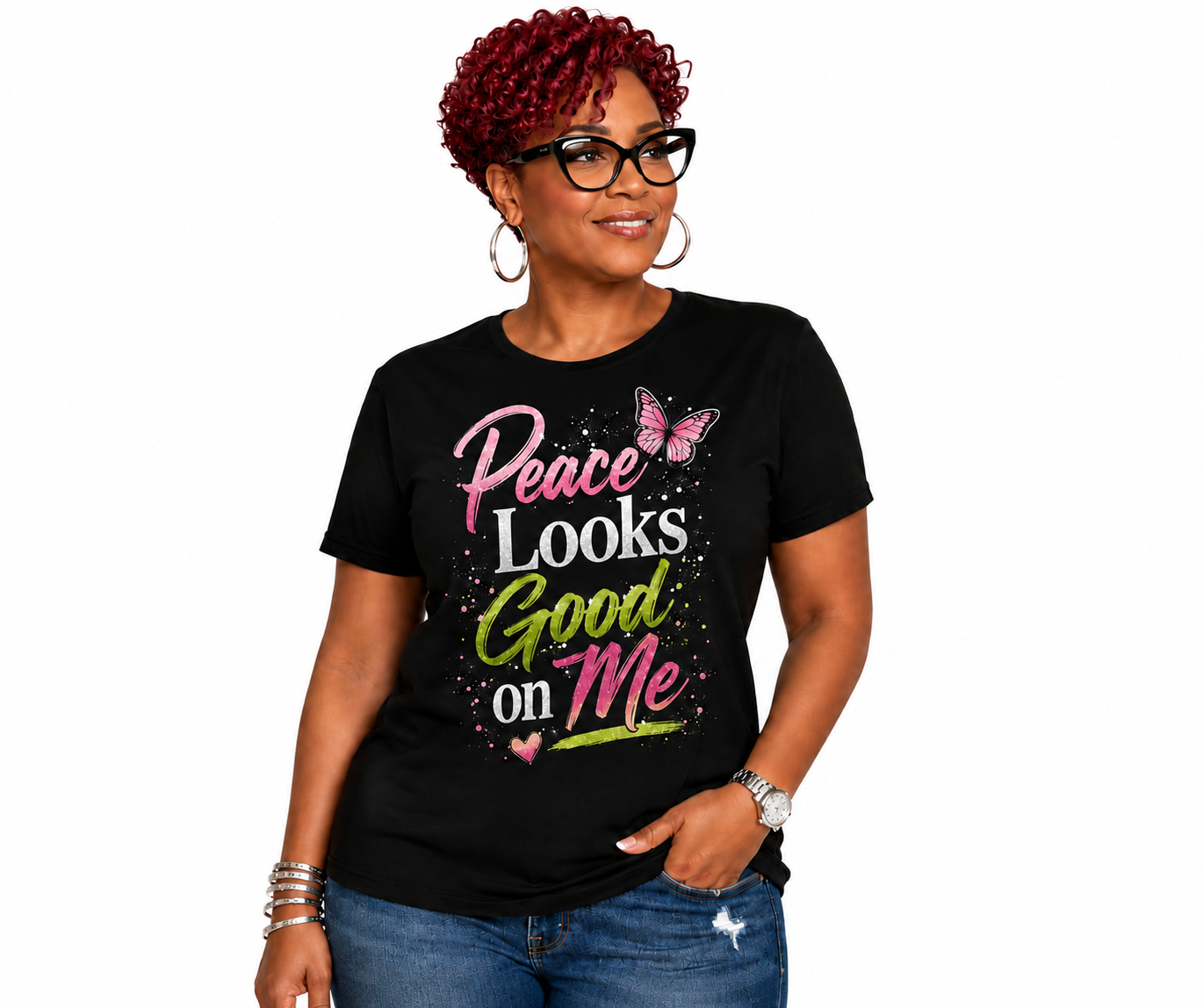 Peace Looks Good on Me T-Shirt – Pink Butterfly Positive Message Tee