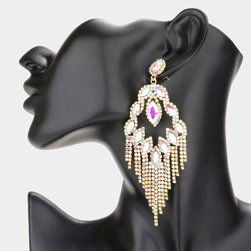 Marquise Stone Accented Rhinestone Fringe Dangle Earrings