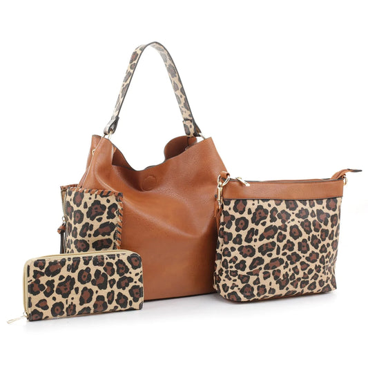 Braided Edge Pockets Leopard Print 3-in-1 Shoulder Bag/Tan